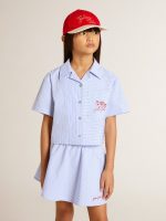 Girls' cropped shirt in striped light blue cotton - Image 2