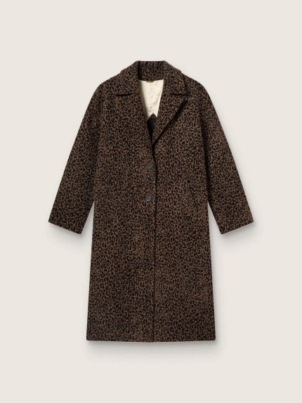 Women's single-breasted cocoon coat in wool with jacquard motif
