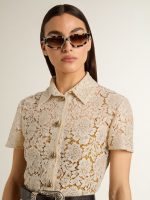 Women's midi dress in cream-colored see-through lace - Image 5
