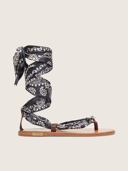 Women's flat sandals with dark blue paisley pattern and jewel detail