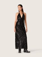 Women's long dress in tulle with floral embroidery in black sequins - Image 4