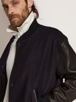 Men's bomber jacket in dark blue wool with leather sleeves - Image 5