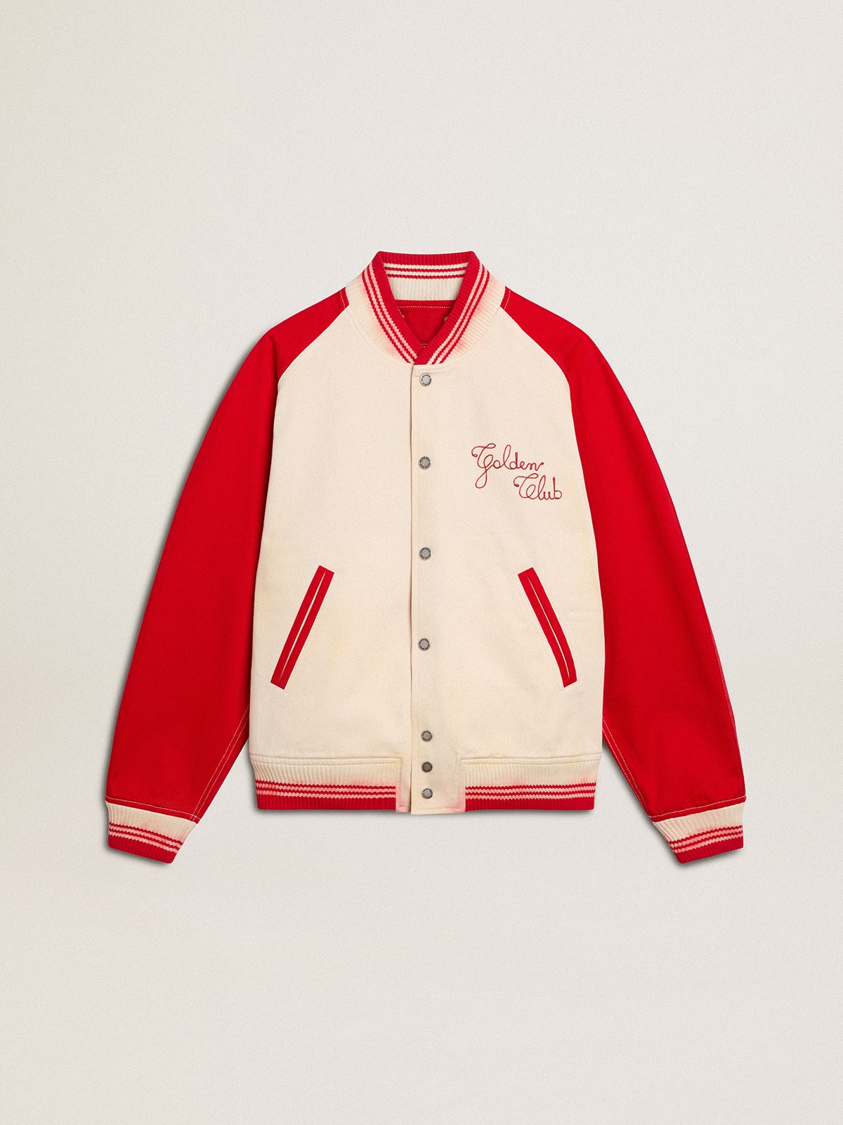 adc5b470ce5daec845de16b400d186dcab17a70585fb1a5f3813b411afb126b9 Bomber jacket in worn white and red with embroidery - Image 1