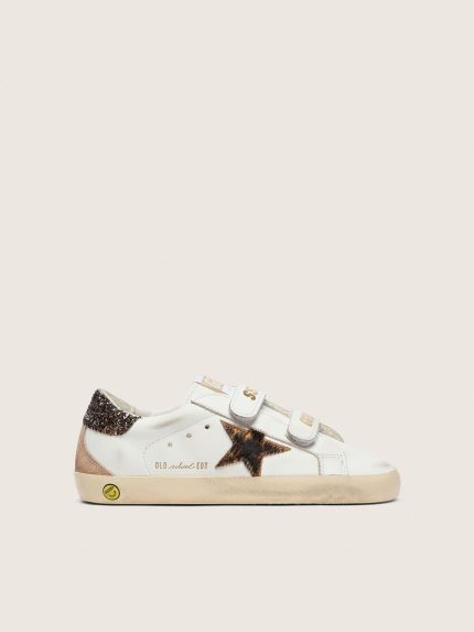 Junior Old School in white leather with leopard-print pony skin star