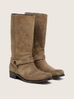 Men's high Biker boots in dark beige waxed suede with strap and a silver-colored buckle - Image 2