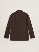 Men's single-breasted blazer in dark brown wool with thin stripe pattern - Image 3