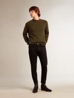 Men's round-neck sweater in military green cotton - Image 3