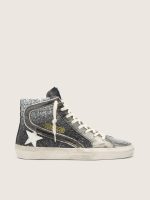 Women's Slide in black and silver glitter with leather star and metallic flash