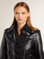 Women's black leather biker jacket with glossy effect - Image 6