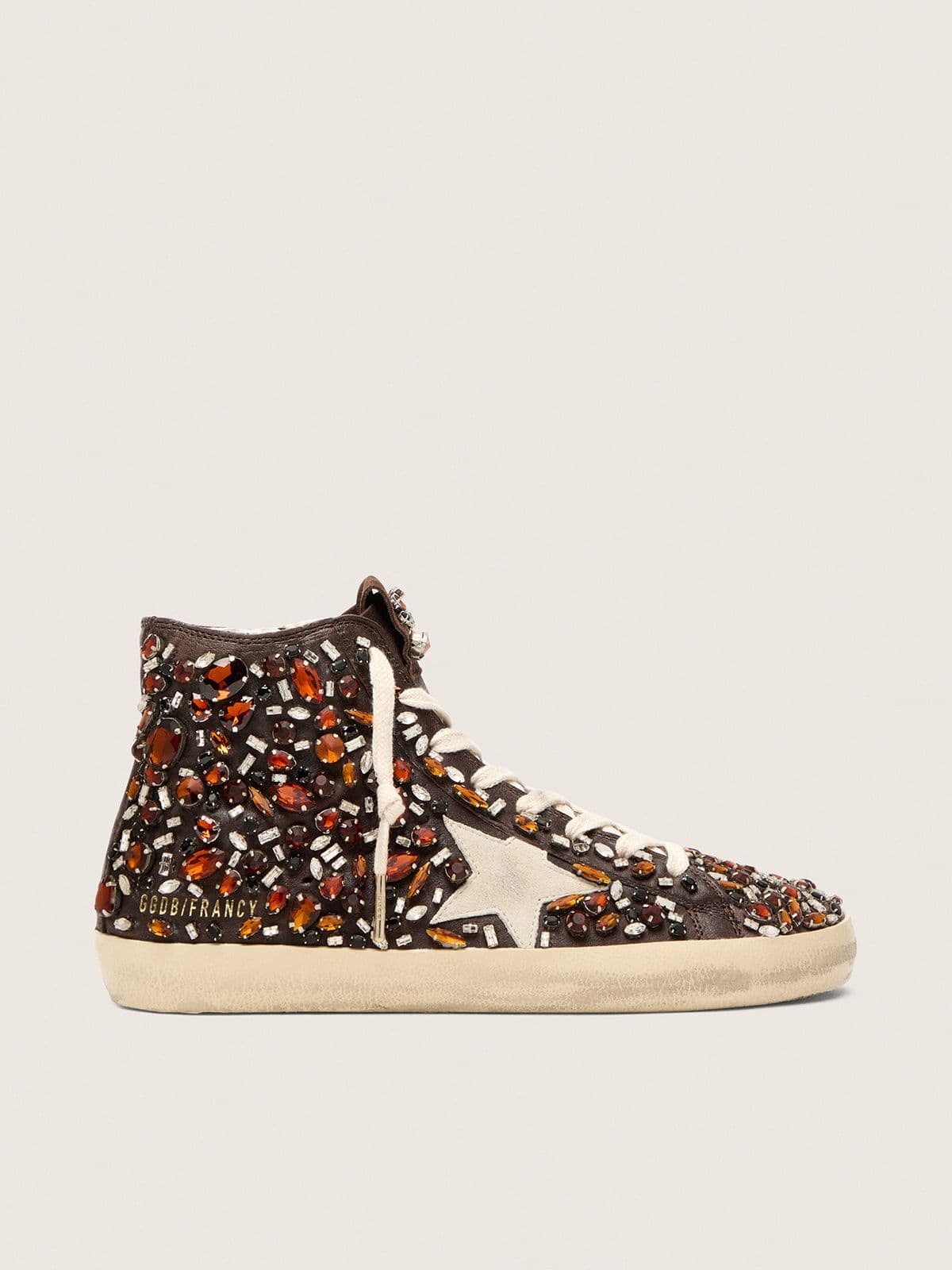 b40b462d216ee91045857f4ee8cc7755437a1dcc2b8bfbd03371a9227bd7d000 Women's Francy in dark brown leather with multicolor rhinestones and white suede star - Image 1