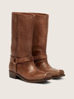 Women's high Biker boots in brown leather with strap and antique gold-colored buckle - Image 2