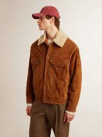 Men's jacket in tobacco-colored split leather with a shearling collar - Image 2