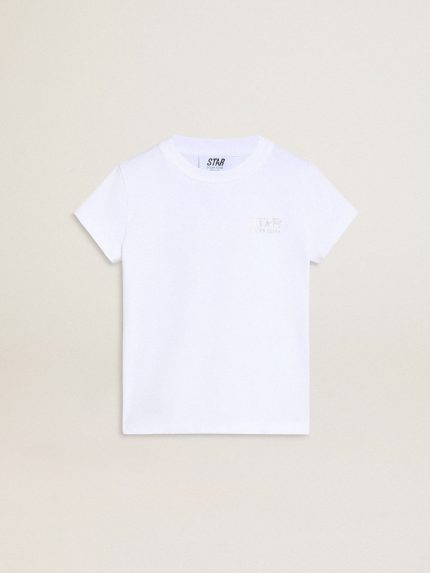 White and silver T-shirt with logo and maxi star in silver glitter
