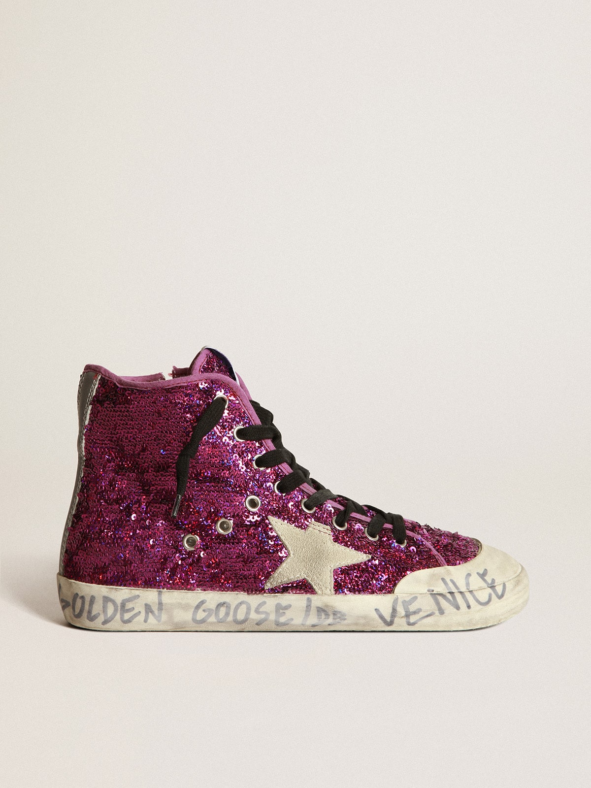 b7430e27ffe555770a8a251e165dc184fe4299fee18c71c7a6f65f7641af116d Francy sneakers with sequins and handwritten lettering on the outsole - Image 1
