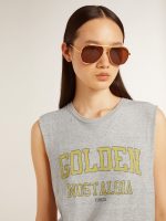 Women's gray sleeveless T-shirt with yellow print - Image 5