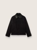 Men's short padded jacket in black cotton with leather collar