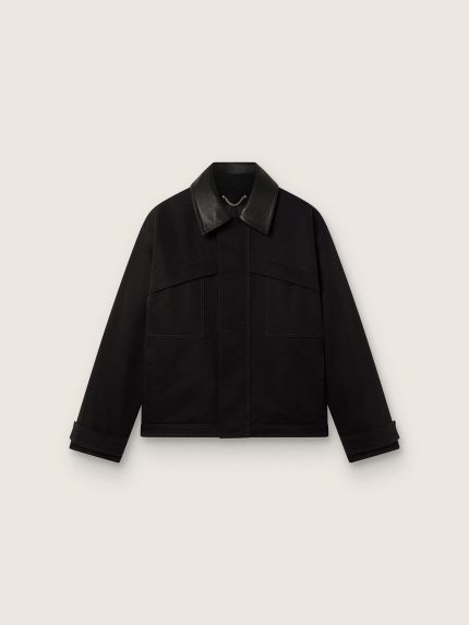 Men's short padded jacket in black cotton with leather collar
