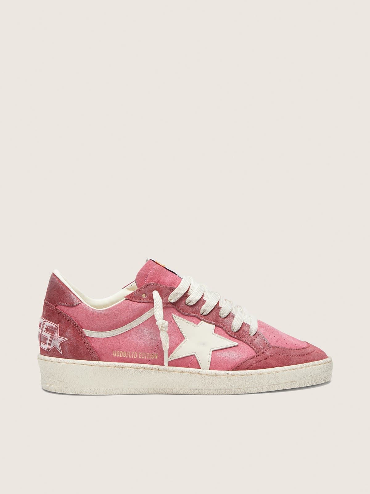 b855f06372177052e358577e6e52bd8781a9918015955a925defc9b1d0665b4c Women's Ball Star LTD in pink suede with cream leather star and red suede inserts - Image 1
