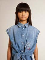 Girls' denim dress with front knot and embroidery - Image 5