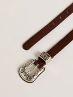 Women's dark brown leather belt with decorated silver buckle - Image 2