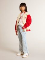 Kids' bomber jacket in beige and red cotton with embroidery on the chest - Image 3