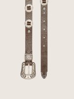 Lace belt in washed brown leather with raised floral pattern and metal inlays - Image 3