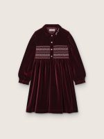 Girls' burgundy velvet-effect dress with embroidery on the front