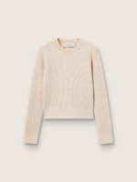 Cropped round-neck sweater in beige wool with all-over crystals