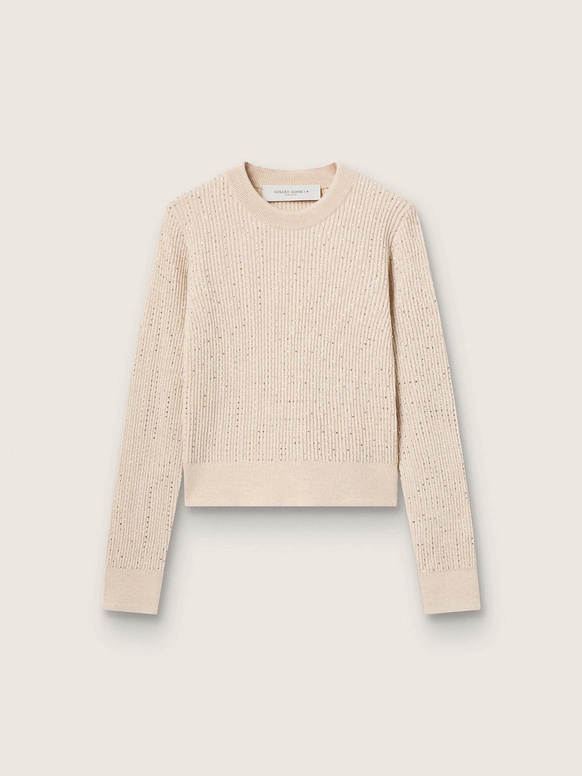 bc1ea2479b1e9e2e8430cc89876707c07a5588f7c26eb06bb246b81a6d33d811 Cropped round-neck sweater in beige wool with all-over crystals - Image 1