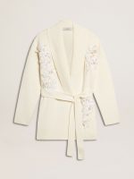 Women's cream-colored cotton cardigan with floral embroidery