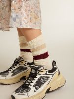 Worn-white socks with distressed details and beige and burgundy stripes - Image 3