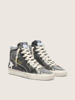 Women's Slide in black and silver glitter with leather star and metallic flash - Image 2