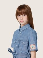 Journey girls' short-sleeved shirt dress in light blue cotton chambray with embroidered patch - Image 5