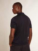 Men's short-sleeved polo shirt in navy-blue merino wool - Image 4
