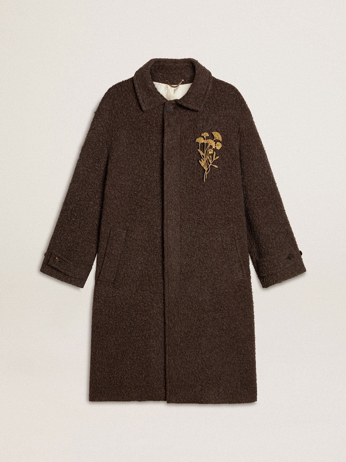 be4dce0b56a9587552b0792294eea2d0e6d092ab8e3070f8e5117a4f1cf97bc8 Men's single-breasted Journey coat in wrinkle wool blend with floral pin - Image 1