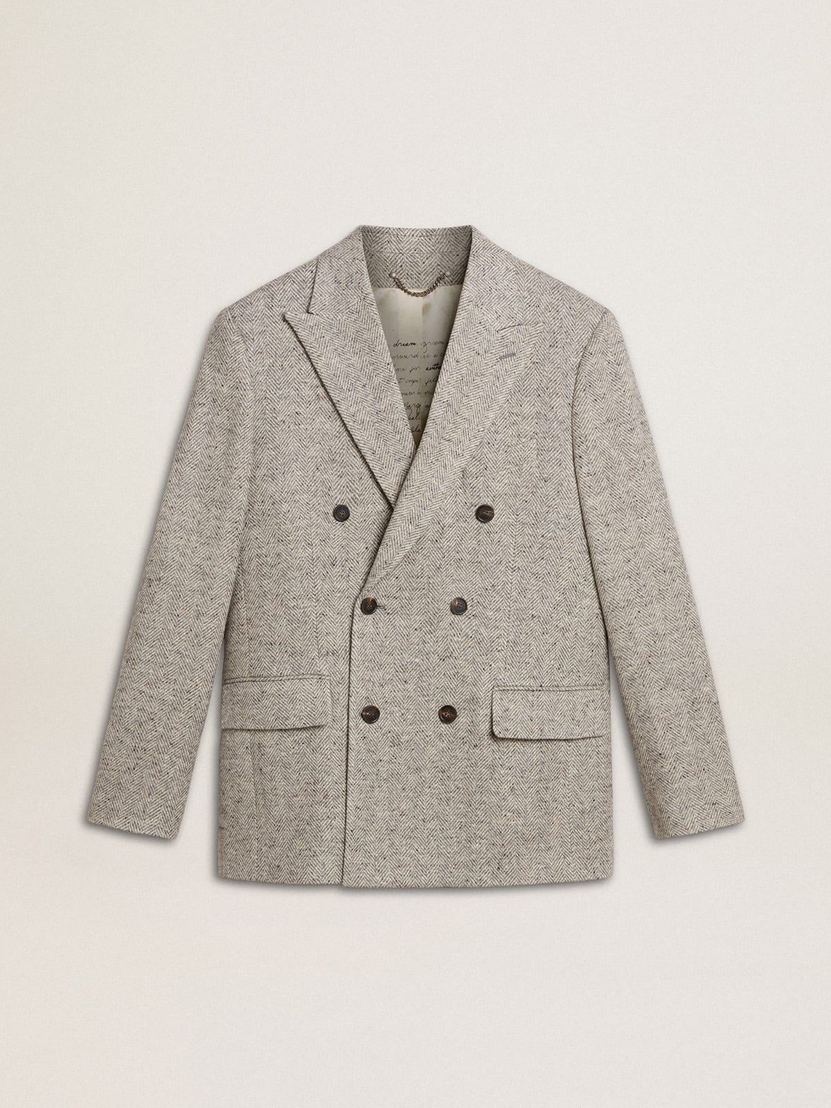 c01599b41ddbf6b978161eab7fed200525052153ef3e774514af079d472d59a9 Men's double-breasted jacket in gray silk and chevron wool - Image 1