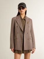 Women's double-breasted blazer in beige chevron wool blend - Image 2