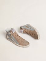 Men's Slide in light blue canvas with silver metallic leather flash - Image 2