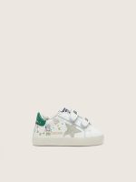 Baby Old School in white leather with gray suede star and colorful print