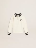 Kids white cotton polo sweatshirt with embroidery on the chest and print on the back