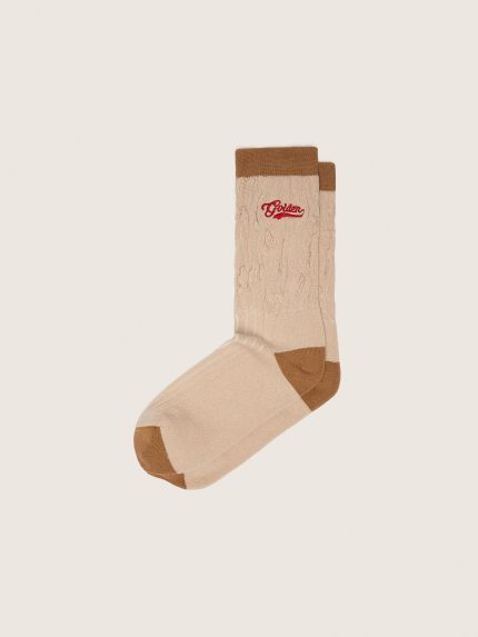 Beige ribbed socks with brown details and red embroidered logo