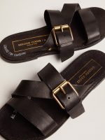 Women's Margaret flat sandals in black resin-coated leather - Image 5