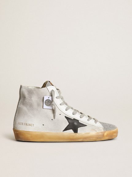 Women's Francy in white suede with black leather star and silver Swarovski crystal tongue