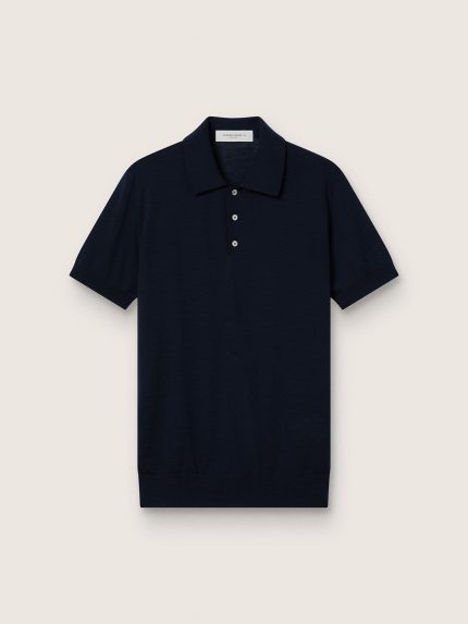 Men's short-sleeved polo shirt in navy-blue merino wool