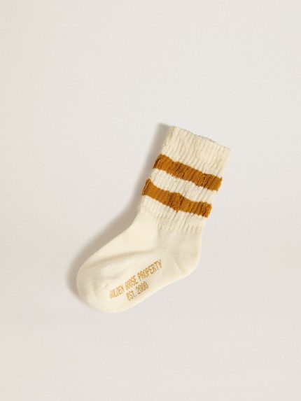 Kids' white socks with tobacco-colored stripes
