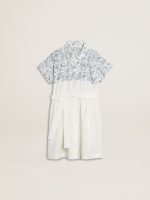 Girls' shirt dress in white cotton canvas with a blue nautical print and white piping