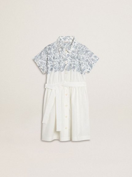 Girls' shirt dress in white cotton canvas with a blue nautical print and white piping