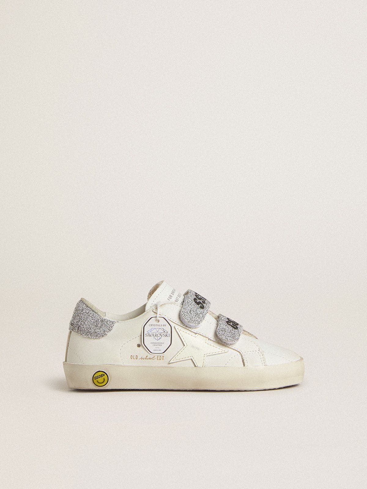 c78564c63f63f4a274f7d9c460d8a8c5a09286a0a2ba102ce1b86cd87c69883f Young Old School in white leather with silver Swarovski crystal heel tab and straps - Image 1