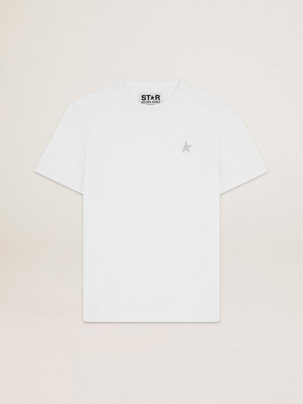 c786398a2bb62b934cfae93993528a4298e09c7ded7663d169de44ea1a26be0a Men's white T-shirt with silver glitter star on the front - Image 1