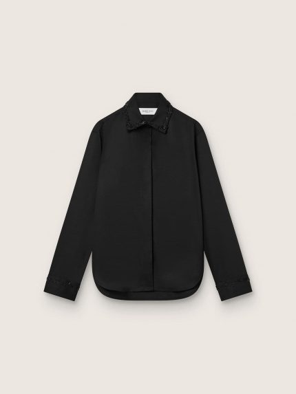 Women's shirt in black wool twill with floral embroidery in glass beads
